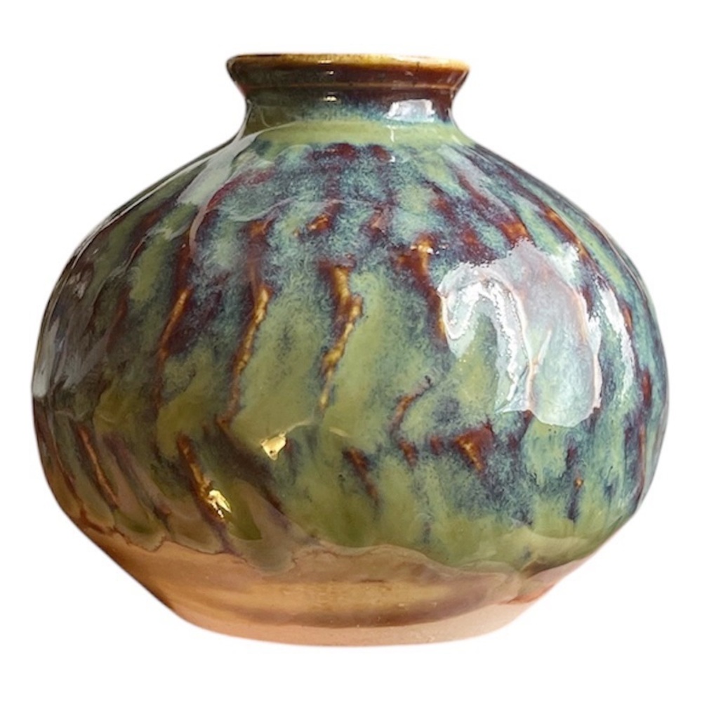 VTG 70's Handmade Glazed Striped Pottery Bud Vase Green/brown Makers Mark